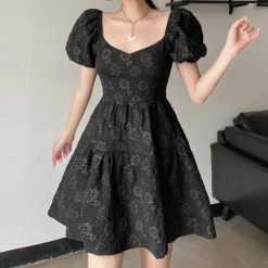 ItGirl Shop Vintage Clothing Jacquard Floral Print Puff Sleeves Black Dress