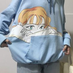 ItGirl Shop Anime Clothing Japanese Comix Anime Girl Blue Oversized Sweatshirt