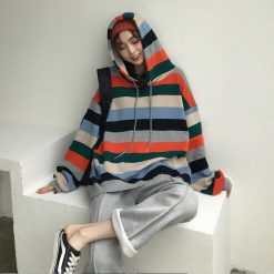 ItGirl Shop Artsy Outfit Kawaii Colorful Stripes Hoodie And Gray Comfy Pants