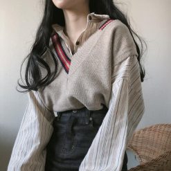 ItGirl Shop Knit Loose Beige Vest + Striped Casual Vintage Shirt