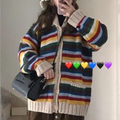 ItGirl Shop Knit Vintage Rainbow Stripes Loose Cardigan Sweater Indie Clothes