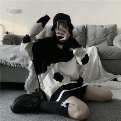 ItGirl Shop Aesthetic Clothing Korean Aesthetic Cow Printed Knit Oversized Sweater