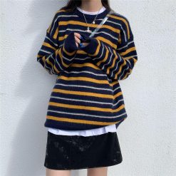 ItGirl Shop Aesthetic Clothing Korean Aesthetic Round Neck Striped Knitted Sweater