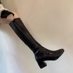 ItGirl Shop Leather Stitching Knee-High Chunky Heel Boots Dark Academia Outfits