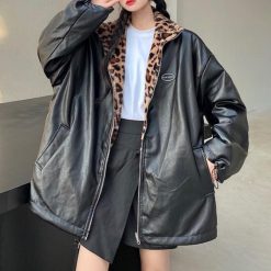 ItGirl Shop NEW Leopard Print Black Leather Double Sided Jacket