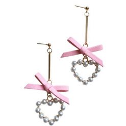 ItGirl Shop Metallic Thin Stick Lace Bow Pearl Hearts Earrings ???? Valentines Day