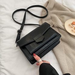 ItGirl Shop Minimalist Black Square Leather Bag With Wide Strap