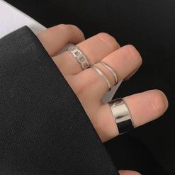 ItGirl Shop Minimalistic Silver Metal Three Rings Set Dark Academia Outfits