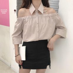 ItGirl Shop Open Shoulders Elastic Band Buttons Collar Striped Shirt Dark Academia Outfits