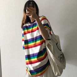 ItGirl Shop 90s Fashion Oversized Tomboy Stripes Rainbow Long T-Shirt
