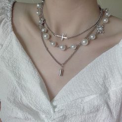 ItGirl Shop Dark Academia Outfits Pearl Beads Cross Multi Layer Silver Chain Necklace