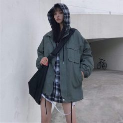 ItGirl Shop NEW Plaid Hood Fake Two Piece Korean Fashion Loose Jacket