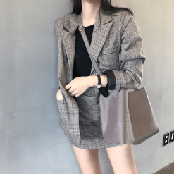 ItGirl Shop 90s Fashion Plaid Jacket 2 In 1 Skirt Set Office Style Gray Tartan