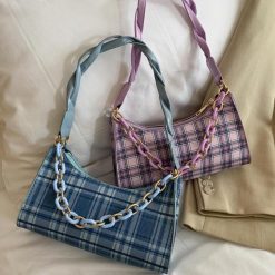 ItGirl Shop Y2k Aesthetic Outfits Plaid Tartan Shoulder Bag With Acrylic Chain