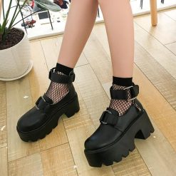 ItGirl Shop Dark Academia Outfits Platform Black Front Buckle Pu Leather Ankle Boots