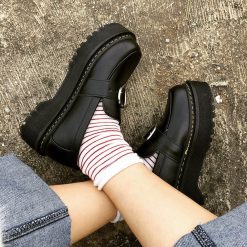 ItGirl Shop Platform Heart Buckle Black Leather Closed Boots 90s Fashion