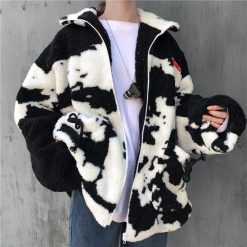 ItGirl Shop Aesthetic Clothing Plush Cow Pattern Oversized Zipper Sweatshirt