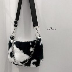 ItGirl Shop Plush Cow Pattern Shoulder Bag With Chain
