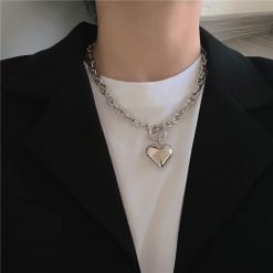 ItGirl Shop Punk Aesthetic Huge Heart Silver Chain Necklace