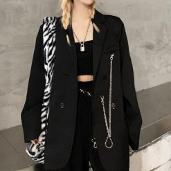 ItGirl Shop Punk Style Black Oversized Suit Blazer Jacket With Chain Dark Academia Outfits