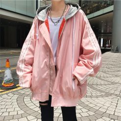 ItGirl Shop 90s Fashion Rain Protective Sportish Lines Hood Pink Black Jacket