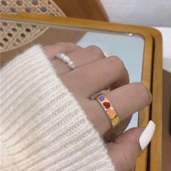 ItGirl Shop Rainbow Metal Ring + Pearl Beads Two Piece Set Rings Aesthetic Clothing