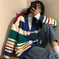 ItGirl Shop Rainbow Clothing Rainbow Stripes Oversized Knit Cardigan With Big Buttons