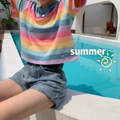 ItGirl Shop Rainbow Stripes Pastel Aesthetic Kawaii Loose T-Shirt