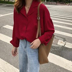 ItGirl Shop Red Wine Casual Style Turn Down Collar Loose Blouse