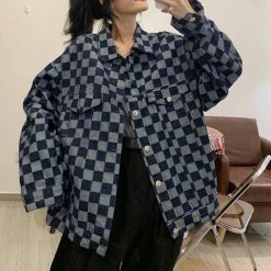 ItGirl Shop Indie Clothes Retro Aesthetic Blue Checkered Denim Loose Shirt Jacket