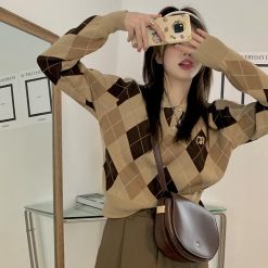 ItGirl Shop Y2k Aesthetic Outfits Retro Argyle Pattern Button Up Knit Sweater