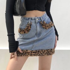 ItGirl Shop Retro Blue Denim Leopard Faux Fur Edges Mini Skirt