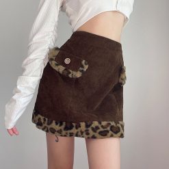 ItGirl Shop Retro Brown Leopard Faux Fur Pocket Edges Mini Skirt