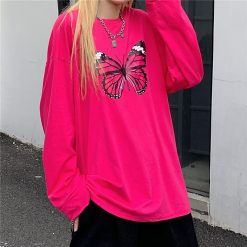 ItGirl Shop Fairycore Retro Butterfly Print Bright Pink Loose 90S Shirt