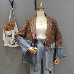 ItGirl Shop Retro Plaid And Denim Stitched Loose Jacket