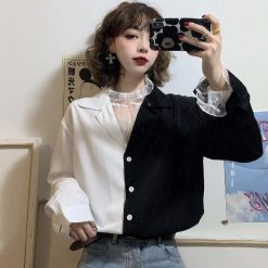 ItGirl Shop Dark Academia Outfits Retro Two Colors Loose Shirt + Thin Chiffon Blouse