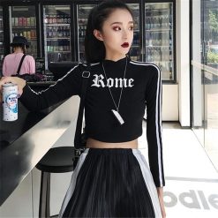 ItGirl Shop Rome Print Side Lines Black Cropped Long Sleeve Top