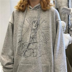 ItGirl Shop Aesthetic Grunge Saint Print Soft Grunge Loose Hooded Sweatshirt