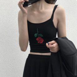 ItGirl Shop APPAREL Sale 90S Rose Embroidery Slim Black Crop Top