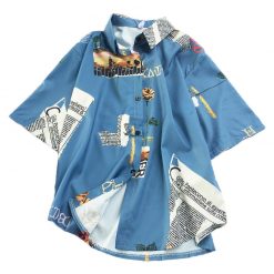 ItGirl Shop Sale Aesthetic Turn Down Collar Short Sleeve Blue Shirt APPAREL