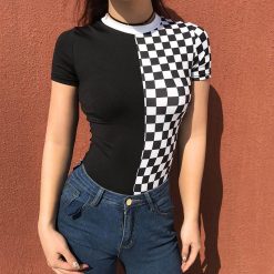 ItGirl Shop Sale Black And White Checkerboard Short Sleeve Bodysuit