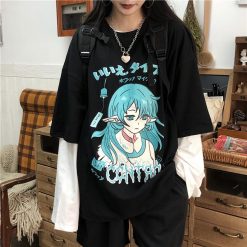 ItGirl Shop Sale Black Anime Girl Japanese Print Loose Shirt Anime Clothing