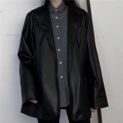 ItGirl Shop Sale Black Retro Casual Loose Faux Leather Jacket APPAREL