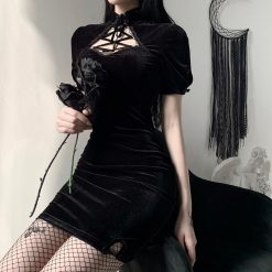 ItGirl Shop Sale Gothic Aesthetic Velour Short Sleeve Mini Black Dress