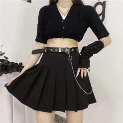 ItGirl Shop Sale Grunge Black High Waist Pleated Skirt With Chain Belt