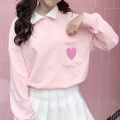ItGirl Shop Sale Pastel Aesthetic Heart Embroidery Collared Loose Sweatshirt Aesthetic Clothing