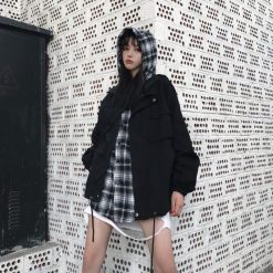 ItGirl Shop Sale Plaid Hood Fake Two Piece Korean Fashion Loose Jacket APPAREL
