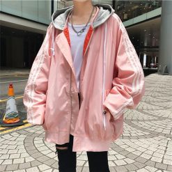 ItGirl Shop Sale Rain Protective Sportish Lines Hood Pink Black Jacket