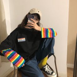 ItGirl Shop Sale Rainbow Stripes Sleeves Black White Sweatshirt Rainbow Clothing