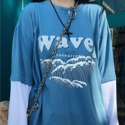 ItGirl Shop Tops + T-Shirts Sale Wave Print Blue Loose Long Sleeve Shirt
